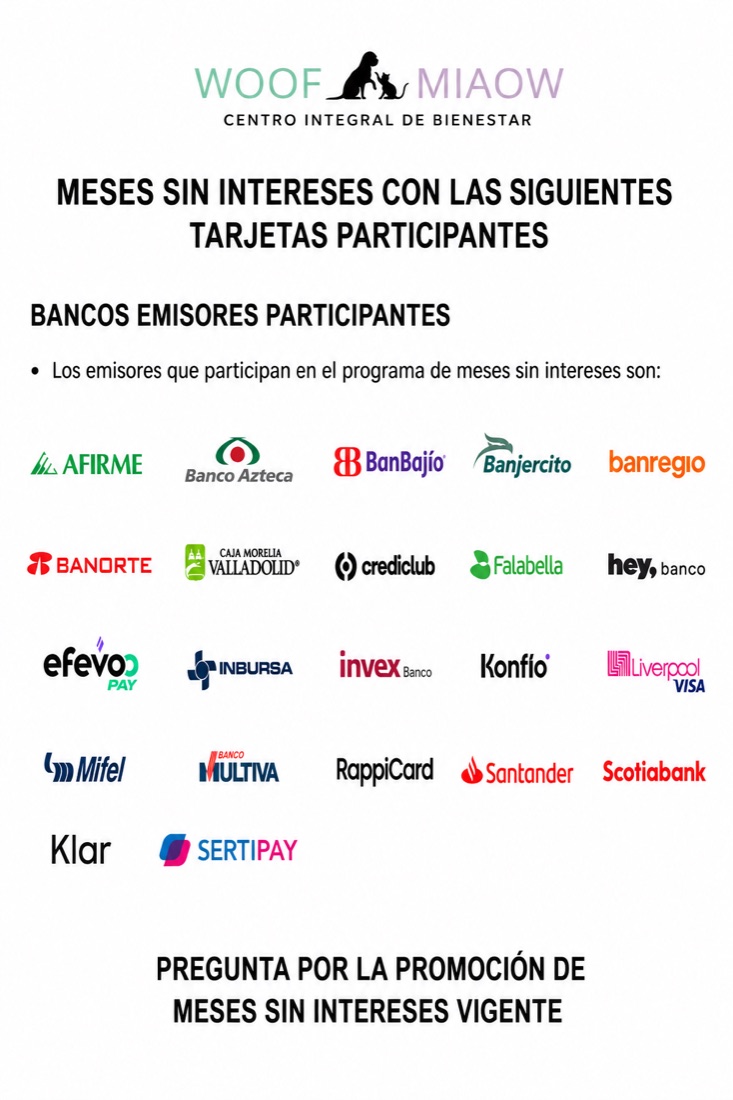Bancos participantes en meses sin intereses: Afirme, Banco Azteca, BanBajío, Banjercito, Banregio, Banorte, Caja Morelia Valladolid, Crediclub, Falabella, Hey Banco, Efevoo Pay, Inbursa, Invex, Konfío, Liverpool VISA, Mifel, Banco Multiva, RappiCard, Santander, Scotiabank, Klar y Sertipay.
